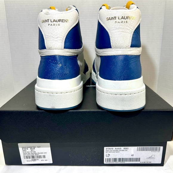 NEW SAINT LAURENT YSL SL/24 LEATHER SNEAKERS MID TOP WHITE BLUE SZ 42 61… - Picture 10 of 16